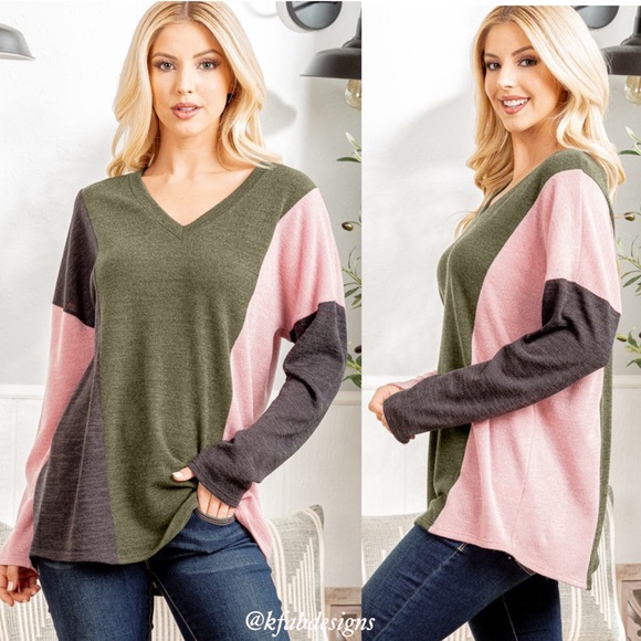 LAST 1! V Neck Soft Vertical Stripe Olive/Pink Color Block Top! - Picture 7 of 11